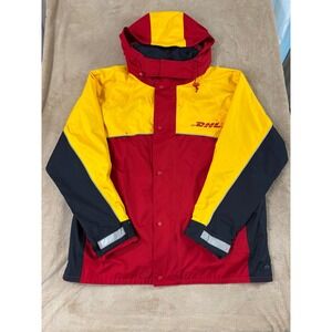 Vintage DHL Service Wind Jacket‎ Men M Red Yellow Mesh Lined Hood Activewear EUC